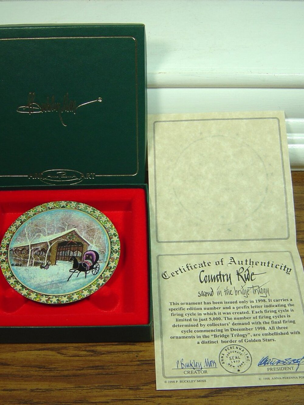 P. Buckley Moss ornament-Country Ride-2nd in The Bridge Trilogy-1998-box & COA